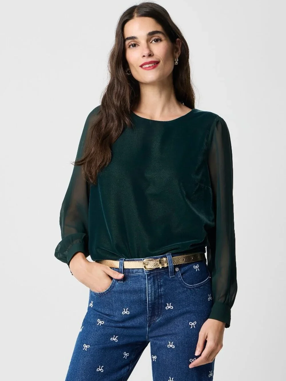 NWT J. Crew Size Small Dark Green Mixed Media Velvet Sheer Puff Sleeve Top NEW